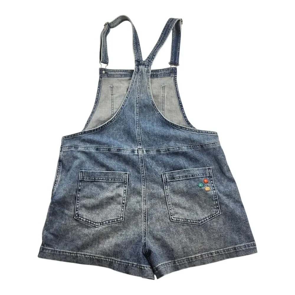 Aerie Werk & Play Denim Shortalls Large Blue Overall Shorts Adjustable Casual